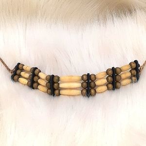 Beaded Choker Necklace Bone Brass and Leather